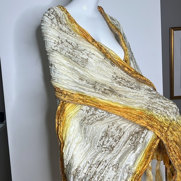 95” x 35” Crinkled/Pleated Tassel Shawl Wrap Scarf Ombré/Dip-dye in Yellow Cream - Picture 2 of 5